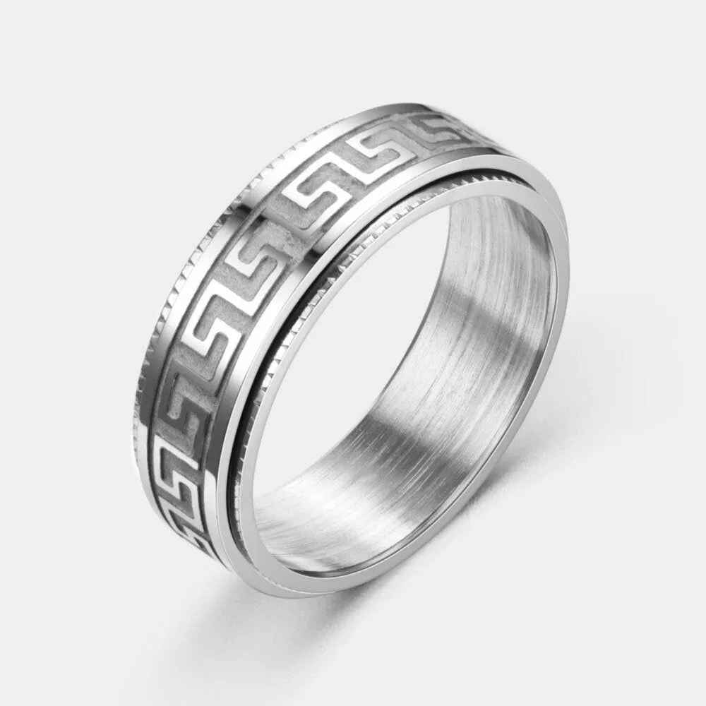 1 Pcs Fashion Retro Style Turnable Geometric Pattern Rotatable Stainless Steel Men's Ring