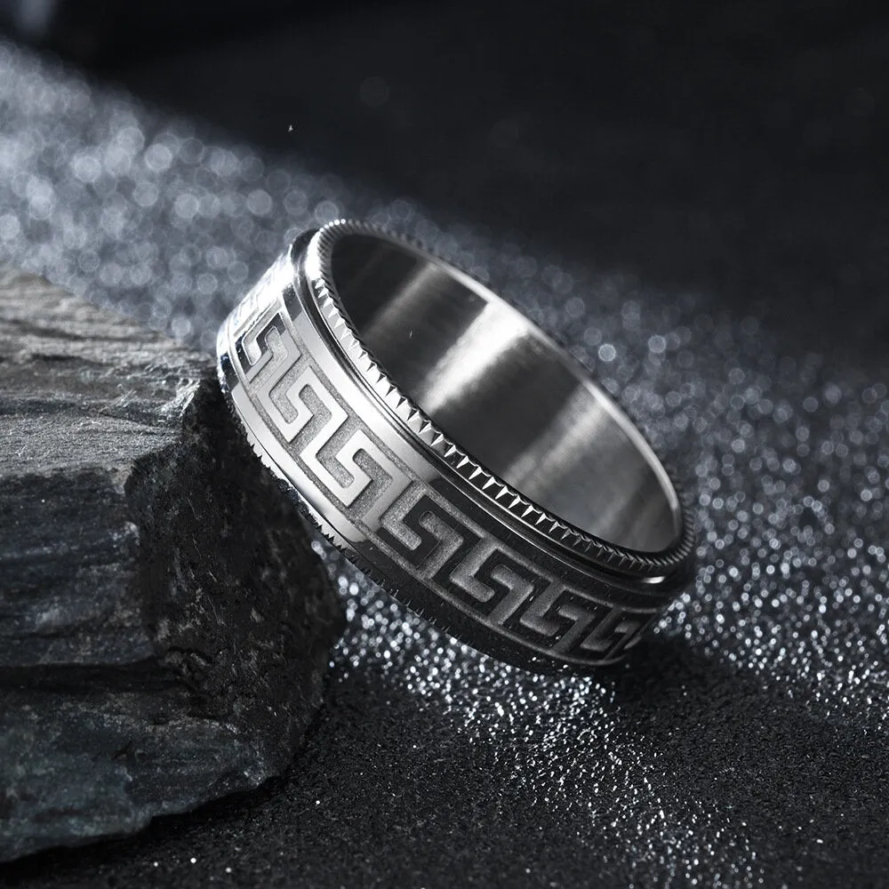 1 Pcs Fashion Retro Style Turnable Geometric Pattern Rotatable Stainless Steel Men's Ring