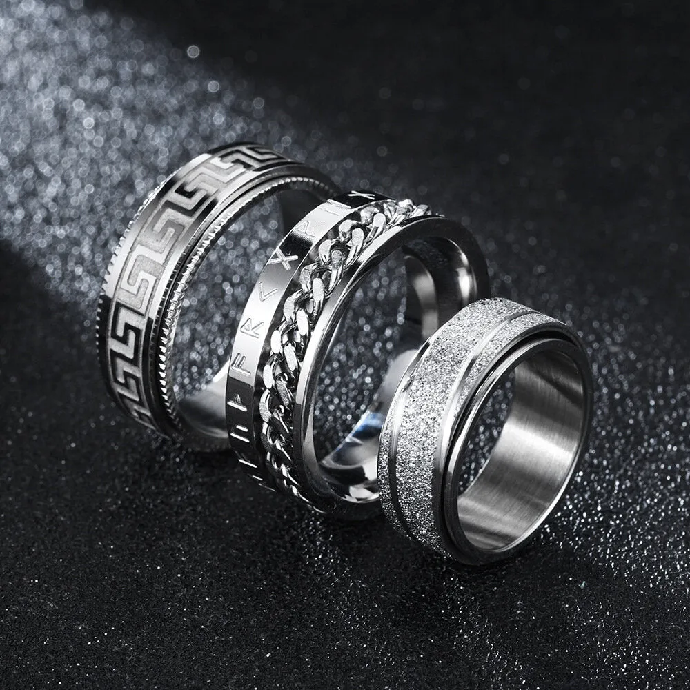 1 Pcs Fashion Retro Style Turnable Geometric Pattern Rotatable Stainless Steel Men's Ring