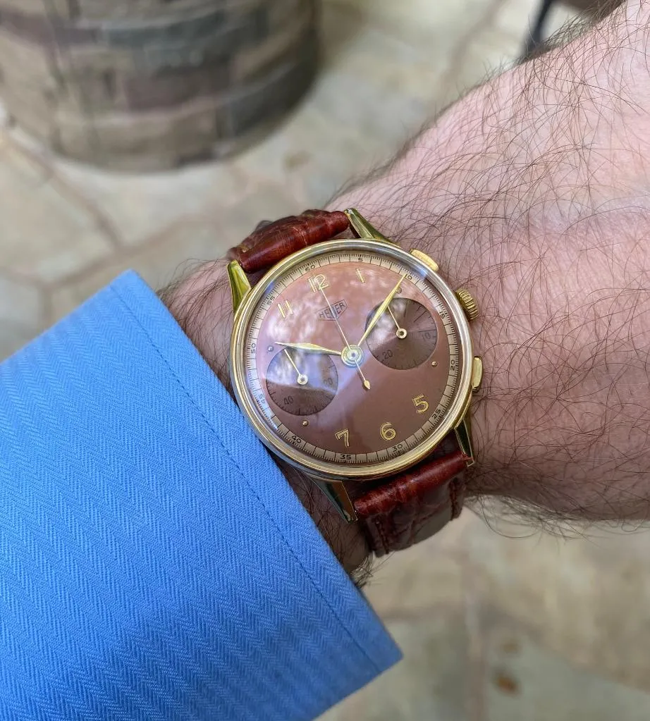 1950's Heuer Vintage Valjoux 23 Chronograph Mens Watch with Gorgeous Dial - 14K Gold