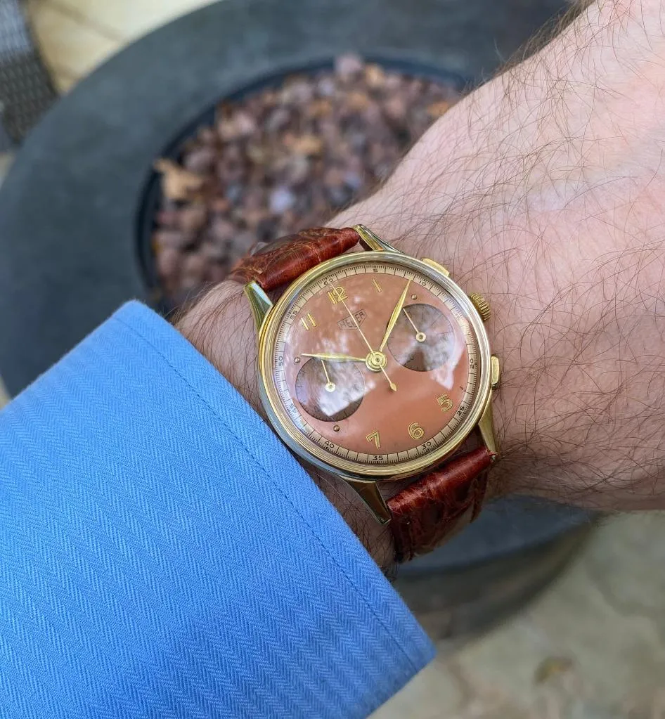 1950's Heuer Vintage Valjoux 23 Chronograph Mens Watch with Gorgeous Dial - 14K Gold
