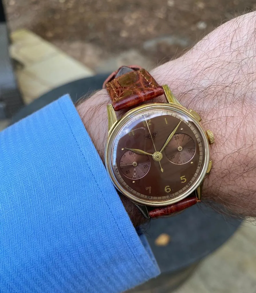 1950's Heuer Vintage Valjoux 23 Chronograph Mens Watch with Gorgeous Dial - 14K Gold