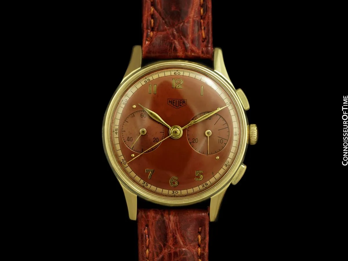 1950's Heuer Vintage Valjoux 23 Chronograph Mens Watch with Gorgeous Dial - 14K Gold