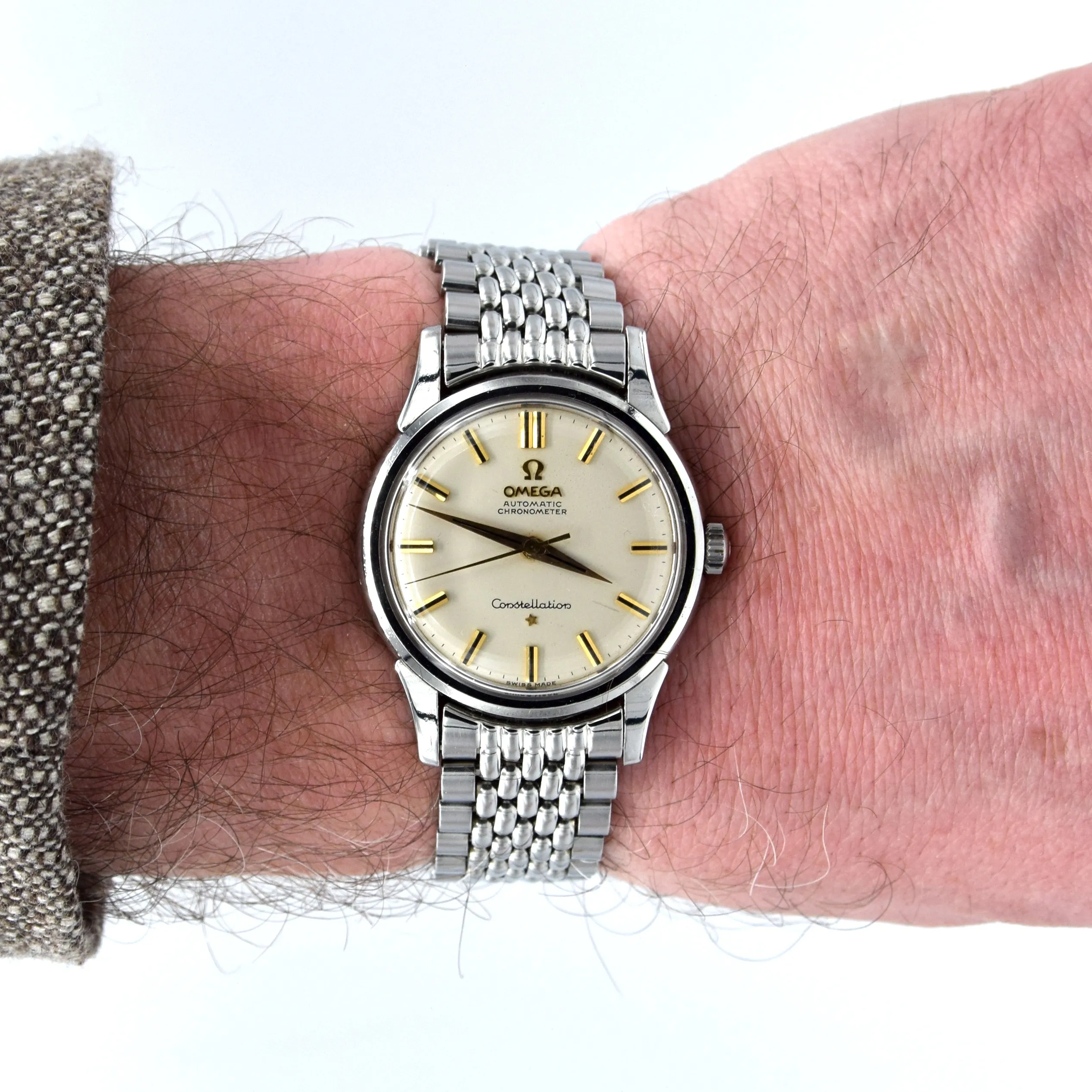 1959 Omega Constellation with original onyx inserted batons Model 14381 on Beads of Rice Bracelet