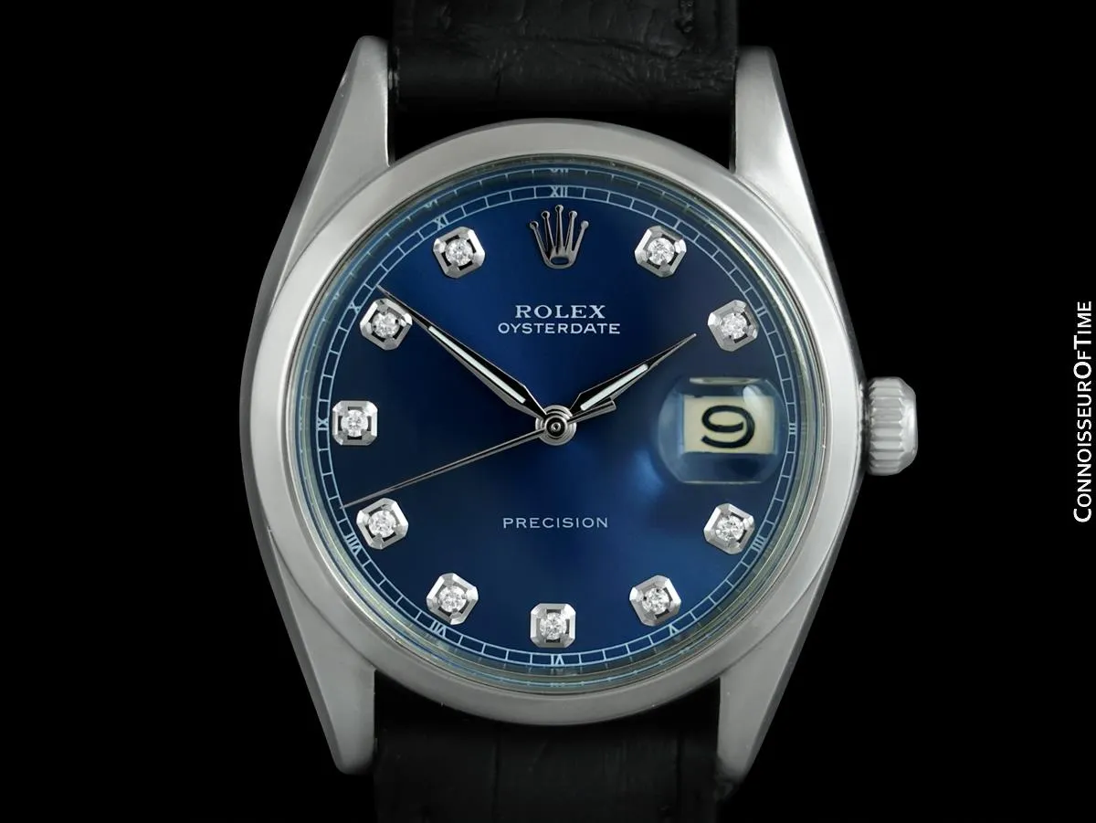 1963 Rolex Oysterdate Mens Vintage Ref. 6694 Date Watch with Blue Dial - Stainless Steel & Diamonds