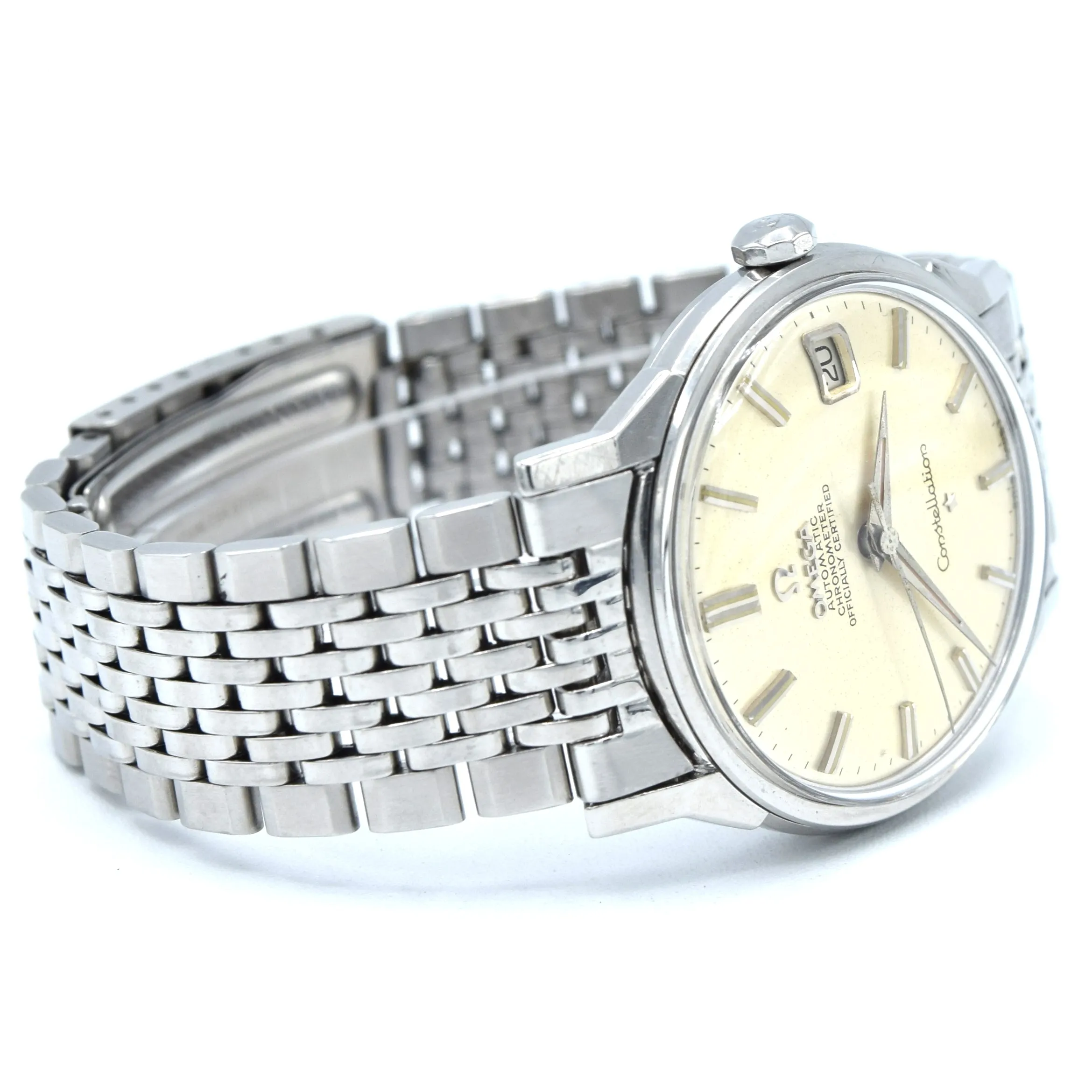 1966 Omega Constellation Automatic Date with Dog Leg Lugs Model 168.005 in Original Unpolished Condition on Beads of Rice Bracelet