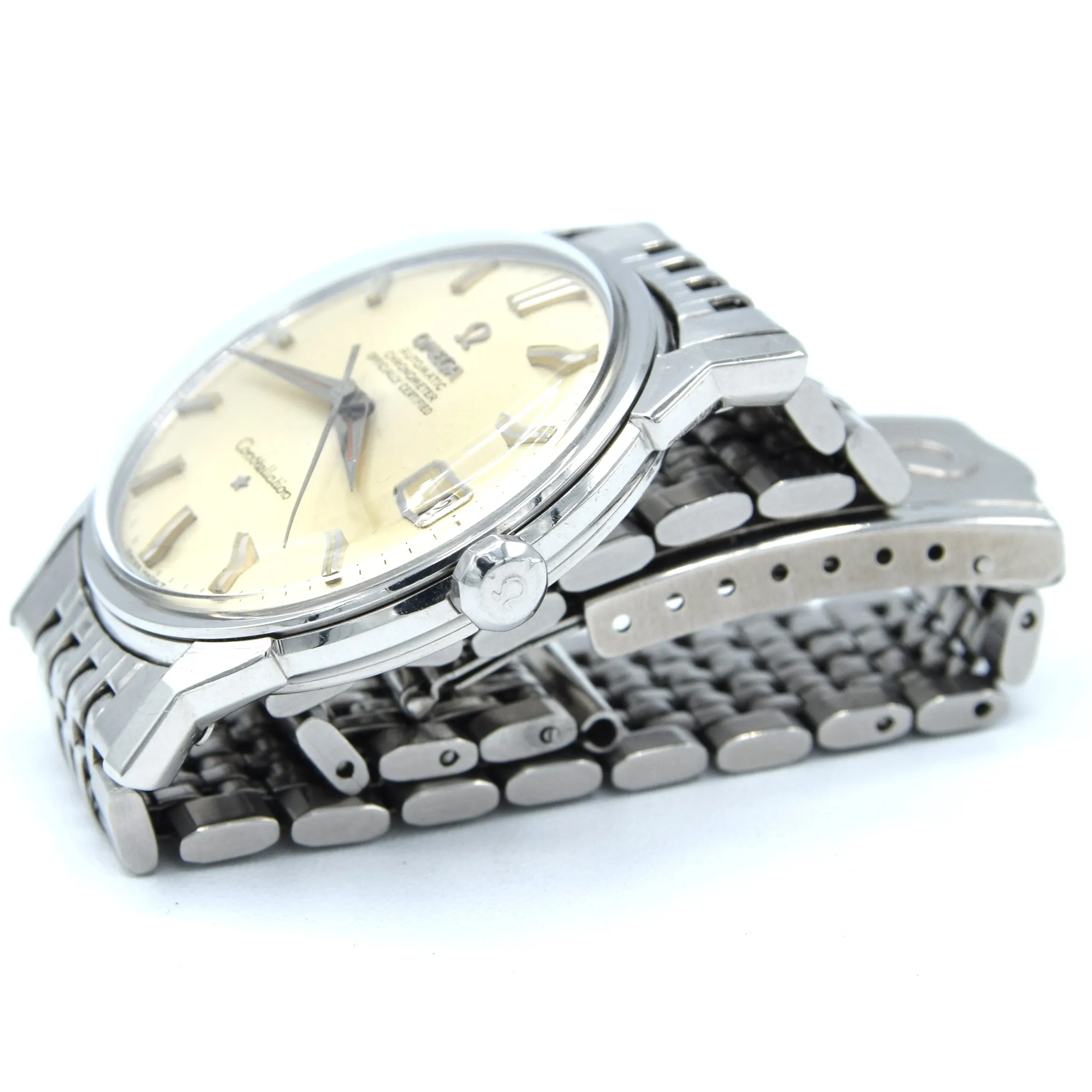 1966 Omega Constellation Automatic Date with Dog Leg Lugs Model 168.005 in Original Unpolished Condition on Beads of Rice Bracelet