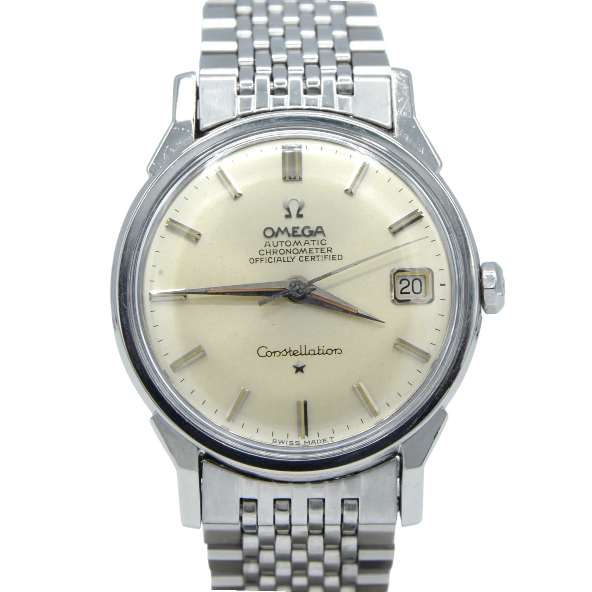 1966 Omega Constellation Automatic Date with Dog Leg Lugs Model 168.005 in Original Unpolished Condition on Beads of Rice Bracelet