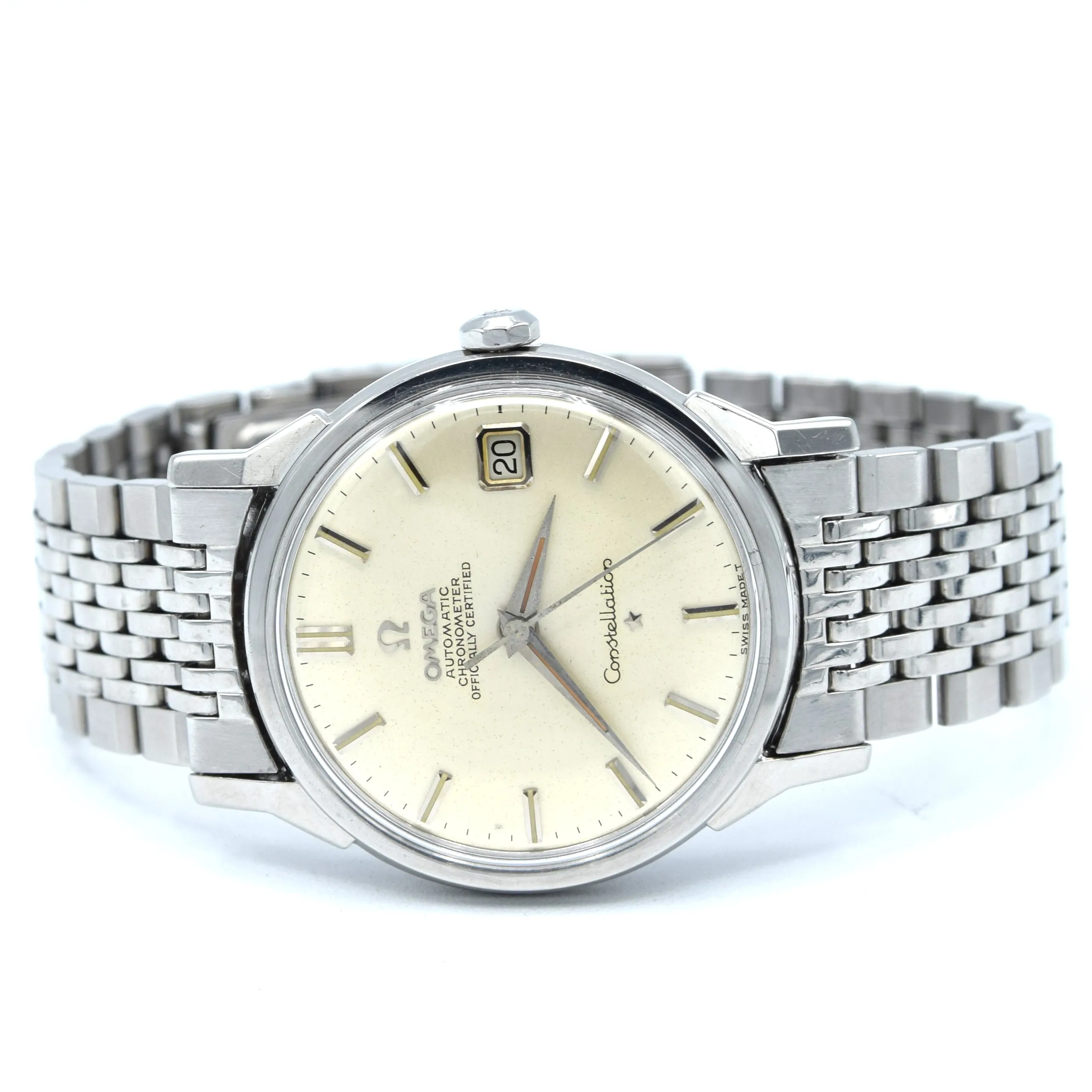 1966 Omega Constellation Automatic Date with Dog Leg Lugs Model 168.005 in Original Unpolished Condition on Beads of Rice Bracelet