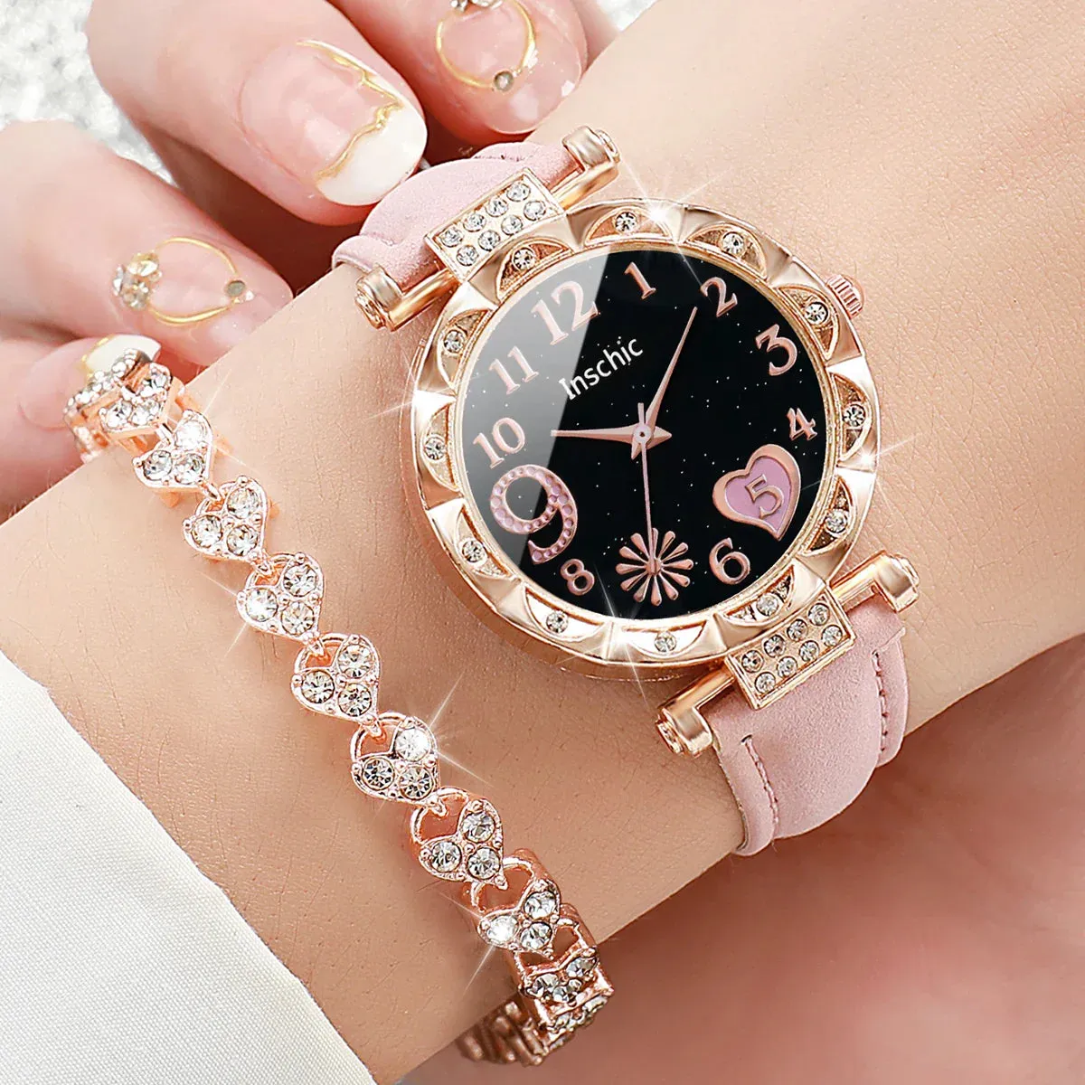 2 Piece Heart Dial Leather Band Watch Set Rhinestone Accents