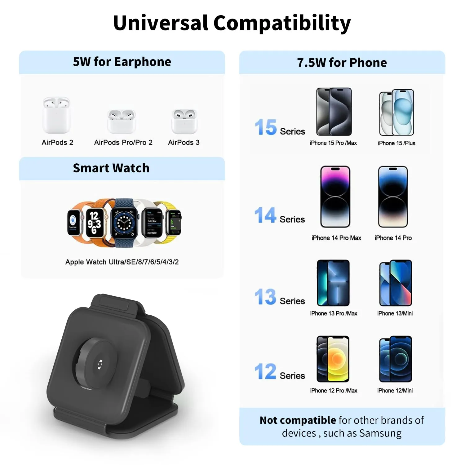 3 in 1 Fast Charging Station for iPhone,Magnetic Foldable Wireless Charging Station,Portable Travel Charger for Multple Devices for iPhone15/14/13/12 Series,AirPods 3/2/Pro,iWatch(Adapter Included)