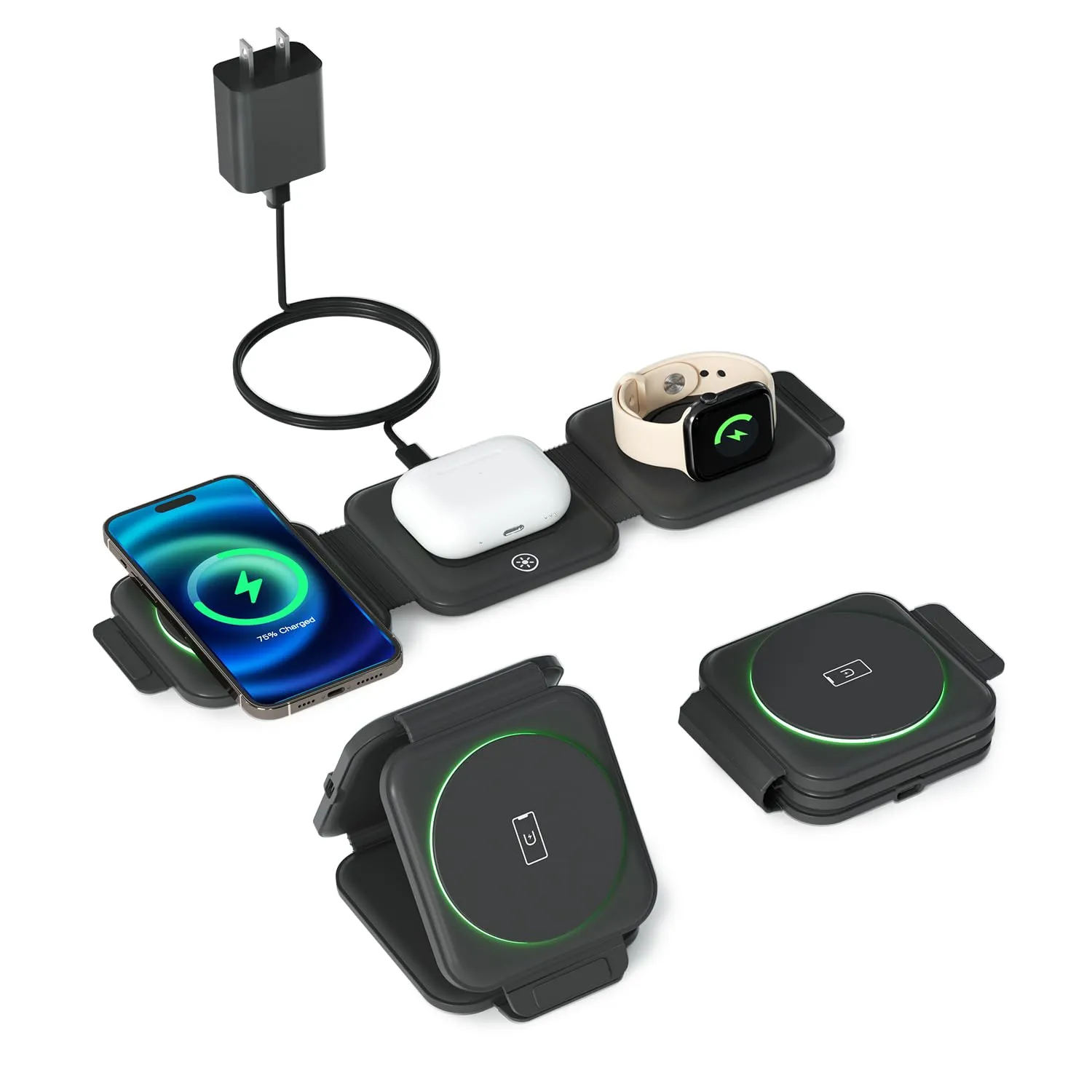 3 in 1 Fast Charging Station for iPhone,Magnetic Foldable Wireless Charging Station,Portable Travel Charger for Multple Devices for iPhone15/14/13/12 Series,AirPods 3/2/Pro,iWatch(Adapter Included)