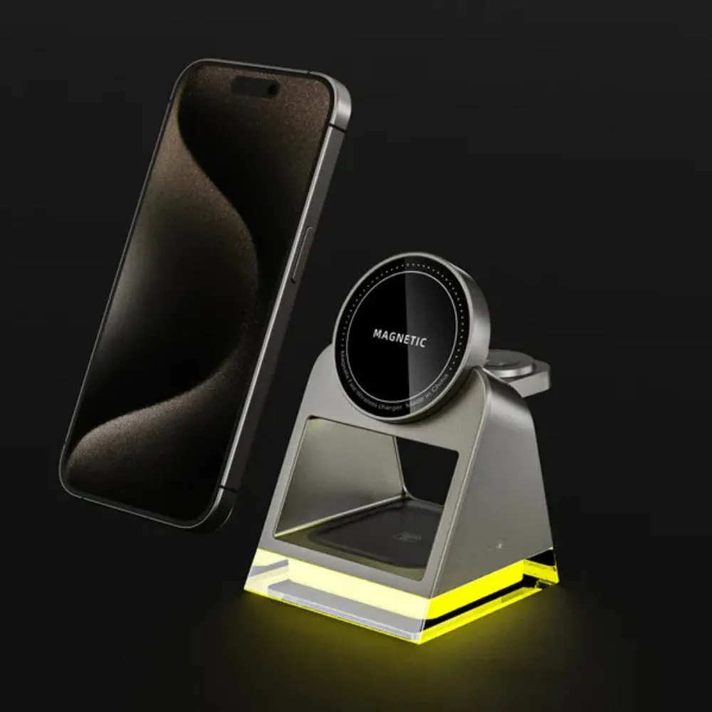 3-in-1 Magnetic Wireless Charger Stand with LED Light for iPhone, Apple Watch, and AirPods