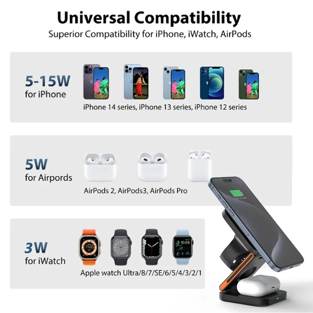 30W 3-in-1 Magnetic Wireless Charging Station for iPhone 16/15/14/13 Pro, Apple Watch Series 8/9, and AirPods
