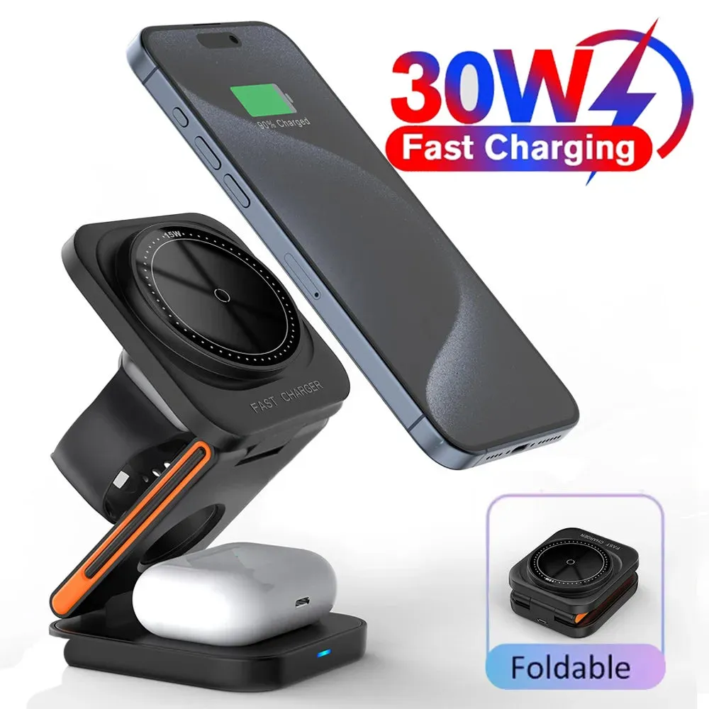 30W 3-in-1 Magnetic Wireless Charging Station for iPhone 16/15/14/13 Pro, Apple Watch Series 8/9, and AirPods