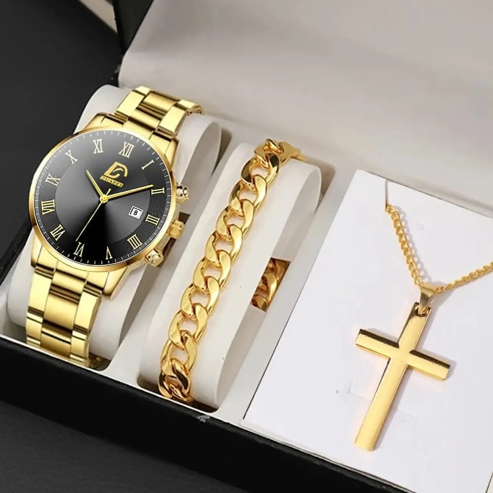 3pcs Men's Fashion Set – Stainless Steel Quartz Watch, Bracelet, & Necklace