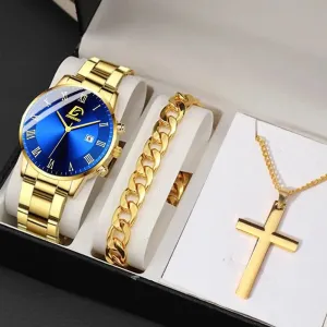 3pcs Men's Fashion Set – Stainless Steel Quartz Watch, Bracelet, & Necklace