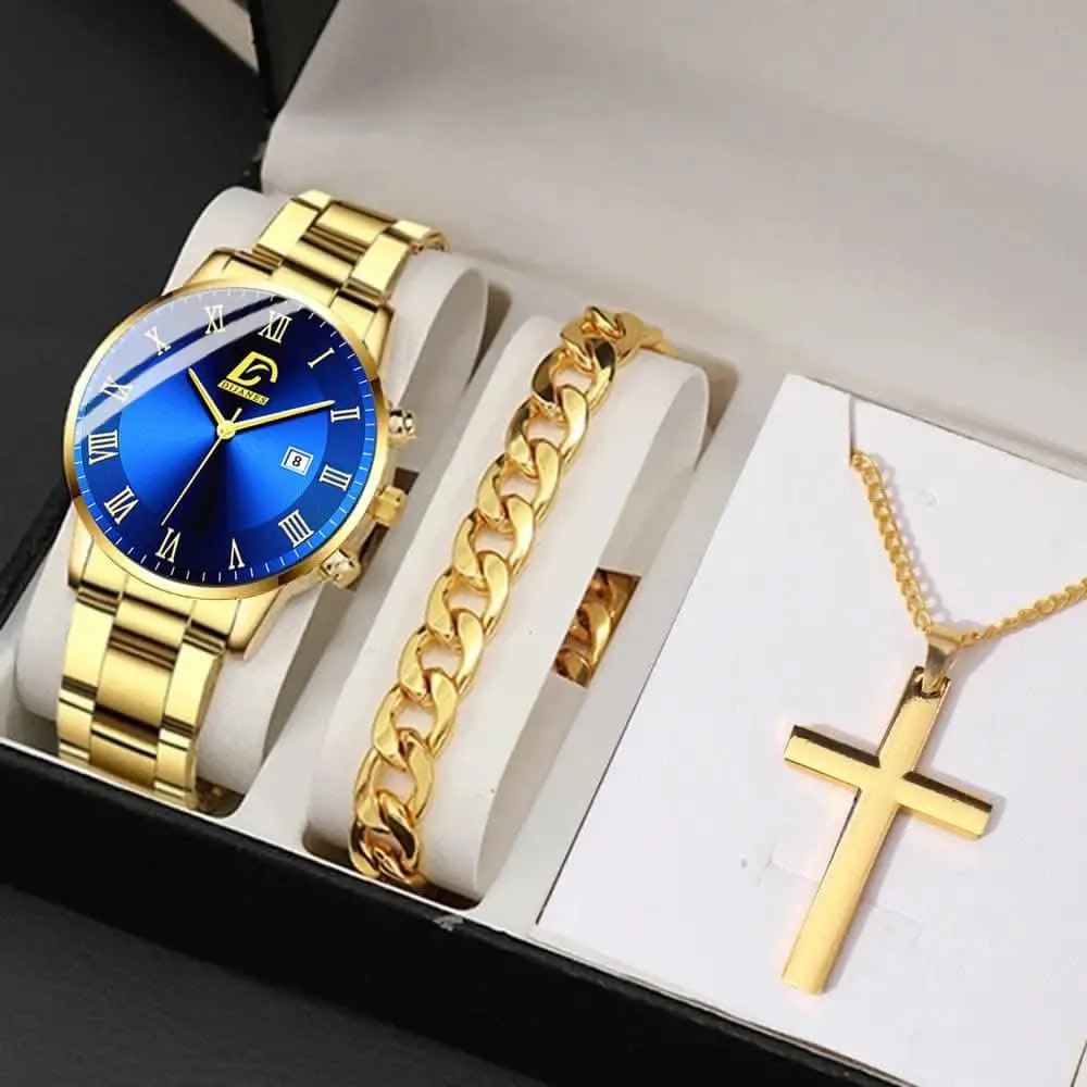 3pcs Men's Fashion Set – Stainless Steel Quartz Watch, Bracelet, & Necklace
