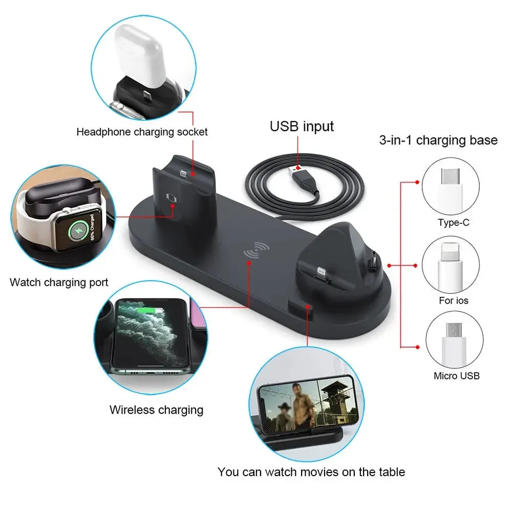 6 in 1 Wireless Charger Dock Station for iPhone/Android/Type-C USB Pho