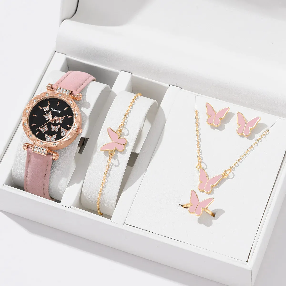 6/1pcs Set Women Watch Ring Necklace Earrings Bracelet Set Watches Butterfly Leather Strap Ladies Quartz Wristwatch (No Box)