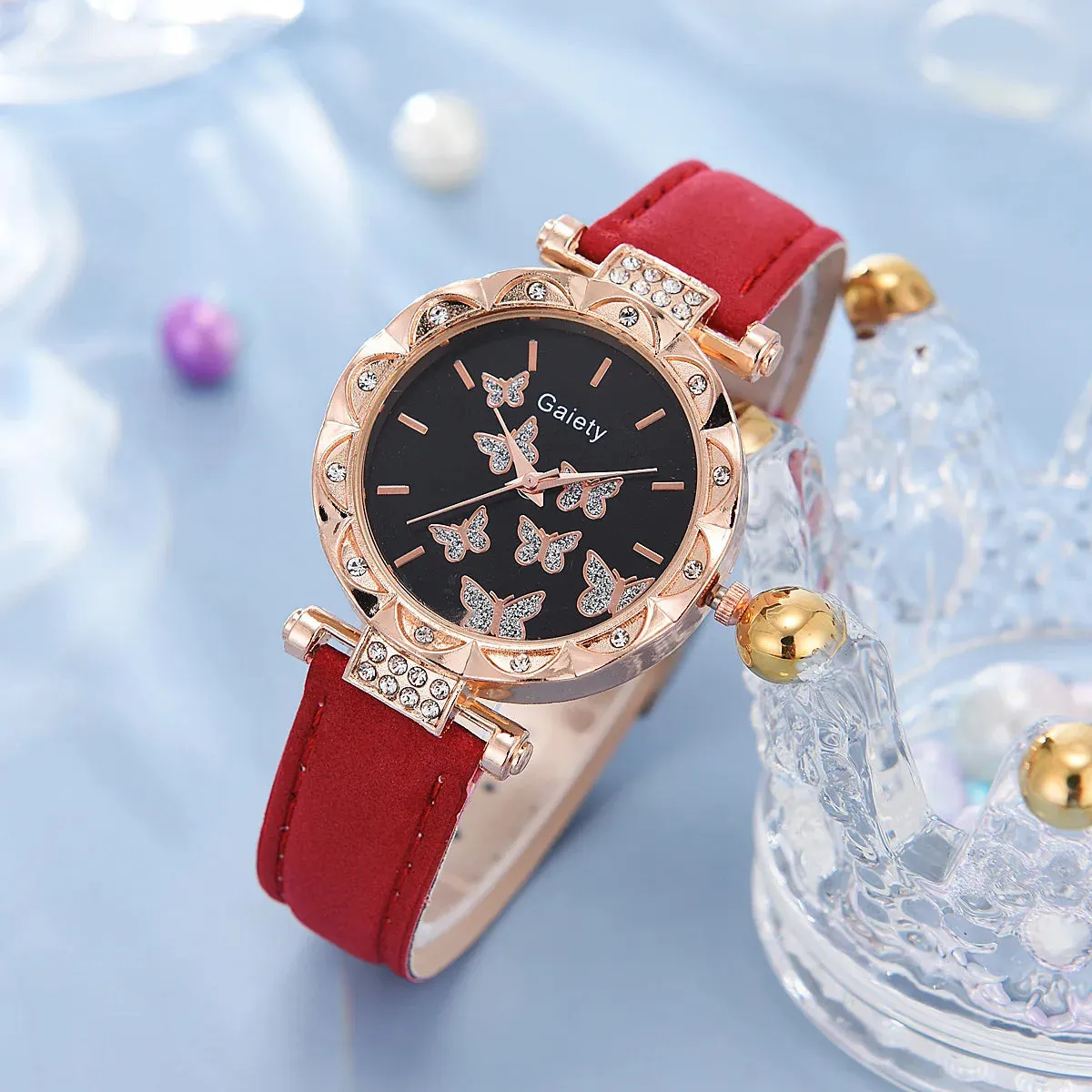 6/1pcs Set Women Watch Ring Necklace Earrings Bracelet Set Watches Butterfly Leather Strap Ladies Quartz Wristwatch (No Box)