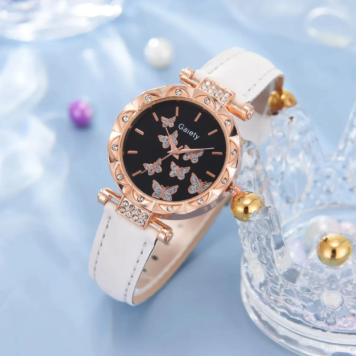 6/1pcs Set Women Watch Ring Necklace Earrings Bracelet Set Watches Butterfly Leather Strap Ladies Quartz Wristwatch (No Box)