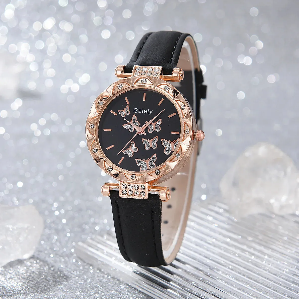 6/1pcs Set Women Watch Ring Necklace Earrings Bracelet Set Watches Butterfly Leather Strap Ladies Quartz Wristwatch (No Box)