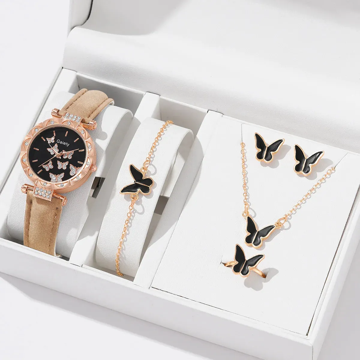 6/1pcs Set Women Watch Ring Necklace Earrings Bracelet Set Watches Butterfly Leather Strap Ladies Quartz Wristwatch (No Box)
