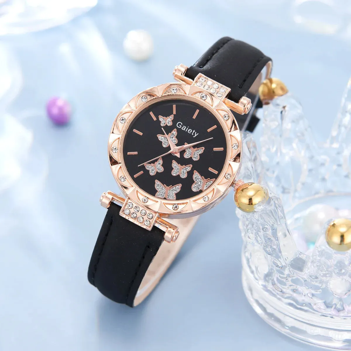 6/1pcs Set Women Watch Ring Necklace Earrings Bracelet Set Watches Butterfly Leather Strap Ladies Quartz Wristwatch (No Box)