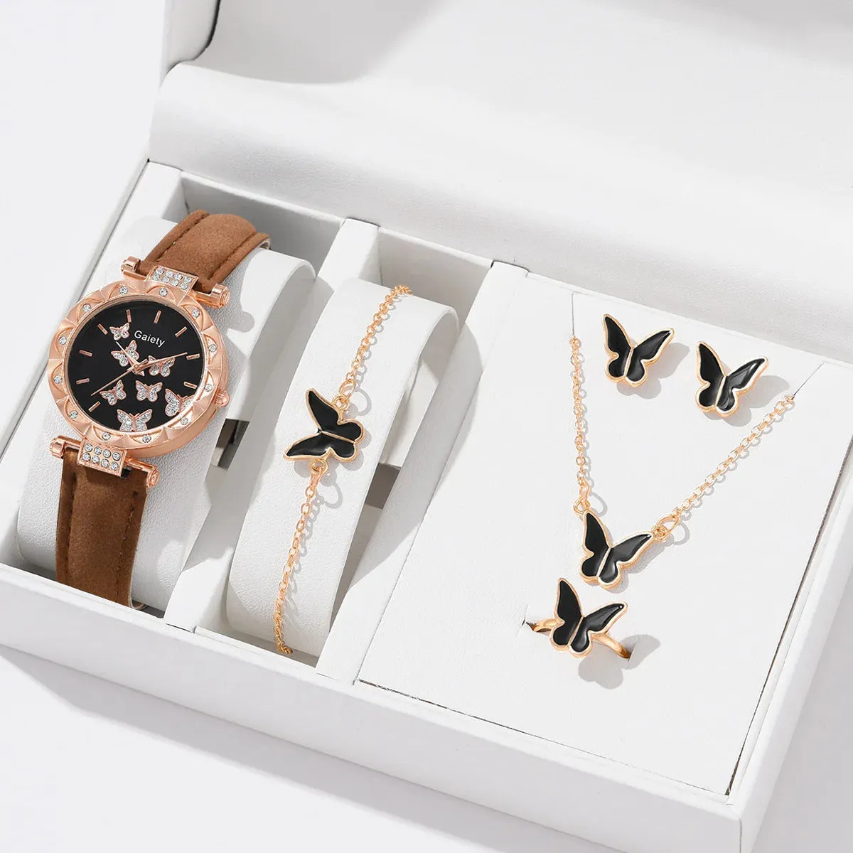6/1pcs Set Women Watch Ring Necklace Earrings Bracelet Set Watches Butterfly Leather Strap Ladies Quartz Wristwatch (No Box)