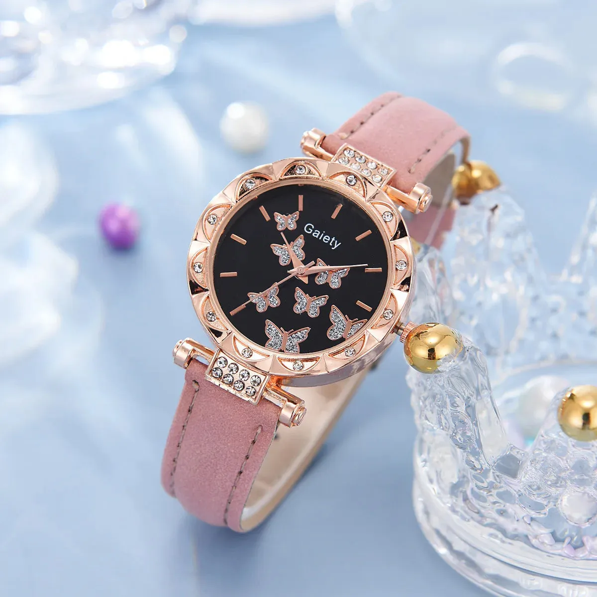 6/1pcs Set Women Watch Ring Necklace Earrings Bracelet Set Watches Butterfly Leather Strap Ladies Quartz Wristwatch (No Box)