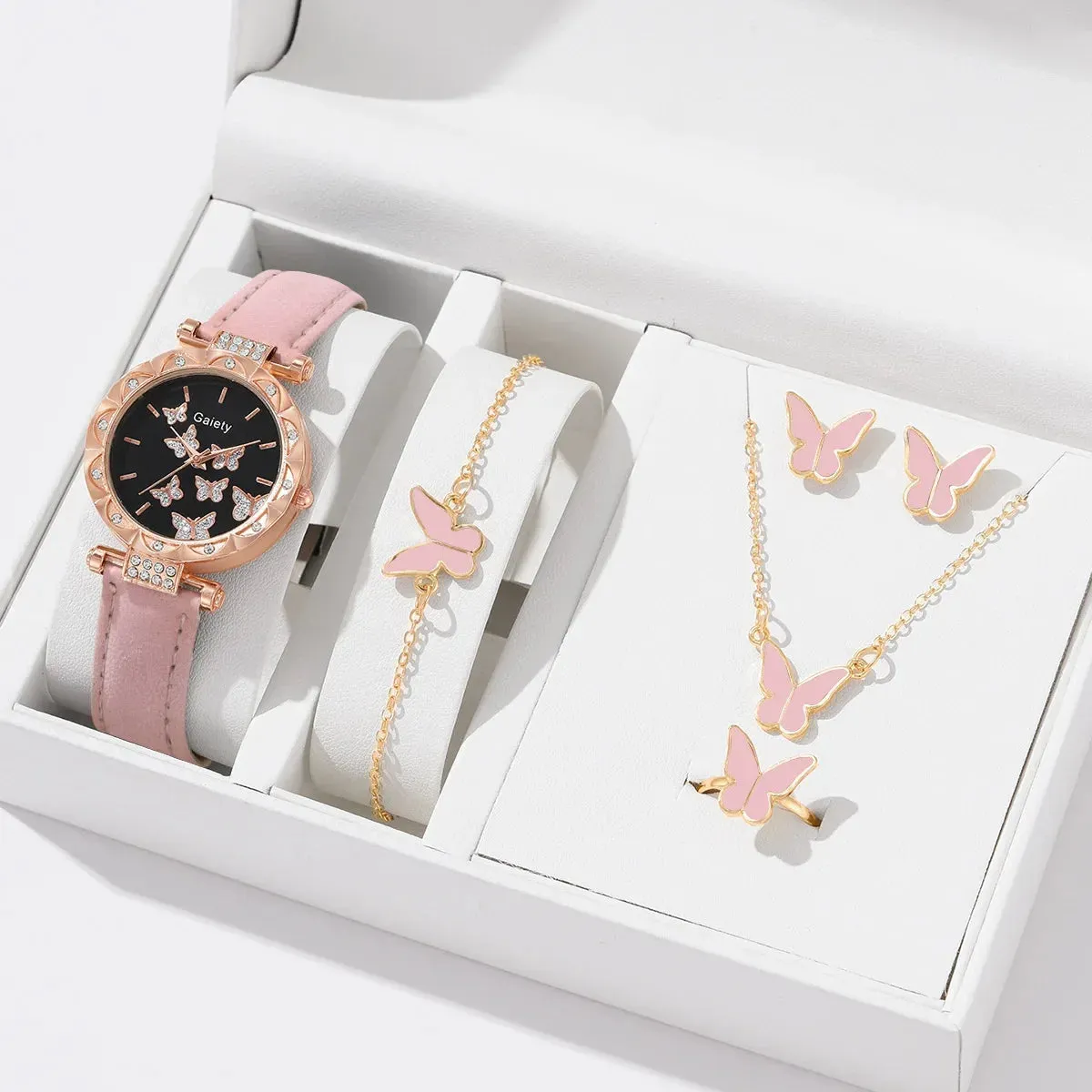 6/1pcs Set Women Watch Ring Necklace Earrings Bracelet Set Watches Butterfly Leather Strap Ladies Quartz Wristwatch (No Box)