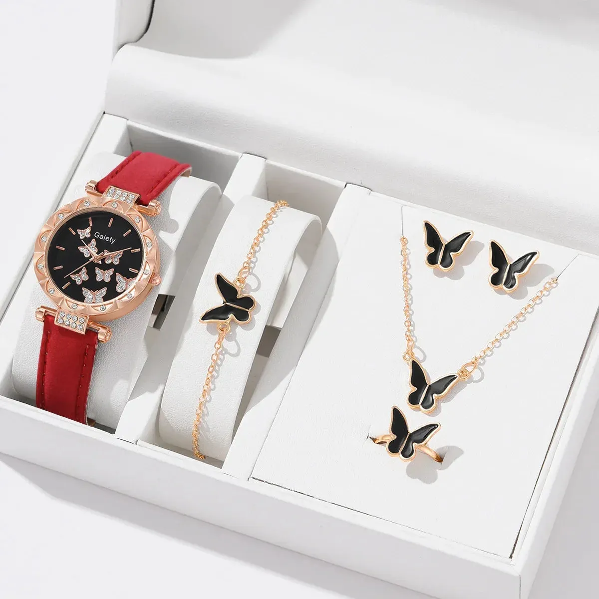 6/1pcs Set Women Watch Ring Necklace Earrings Bracelet Set Watches Butterfly Leather Strap Ladies Quartz Wristwatch (No Box)