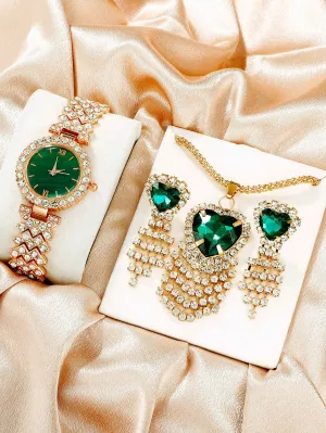 Alloy Strap Glamorous Rhinestone Decor Round Dial Quartz Watch & 3pcs