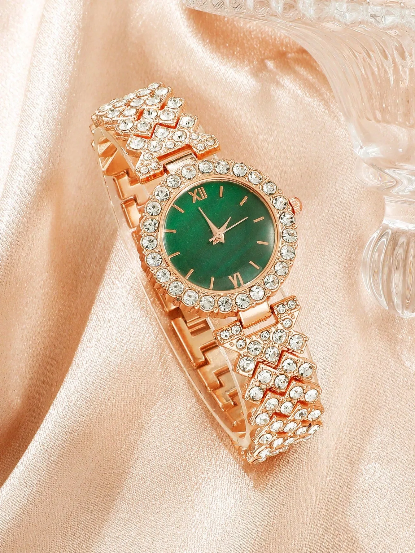 Alloy Strap Glamorous Rhinestone Decor Round Dial Quartz Watch & 3pcs