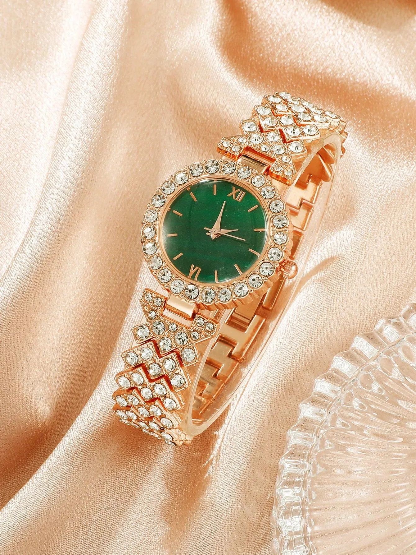Alloy Strap Glamorous Rhinestone Decor Round Dial Quartz Watch & 3pcs