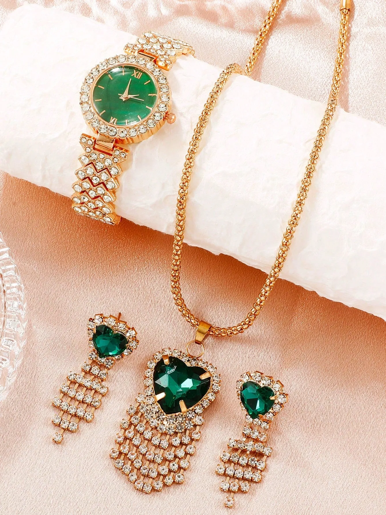 Alloy Strap Glamorous Rhinestone Decor Round Dial Quartz Watch & 3pcs