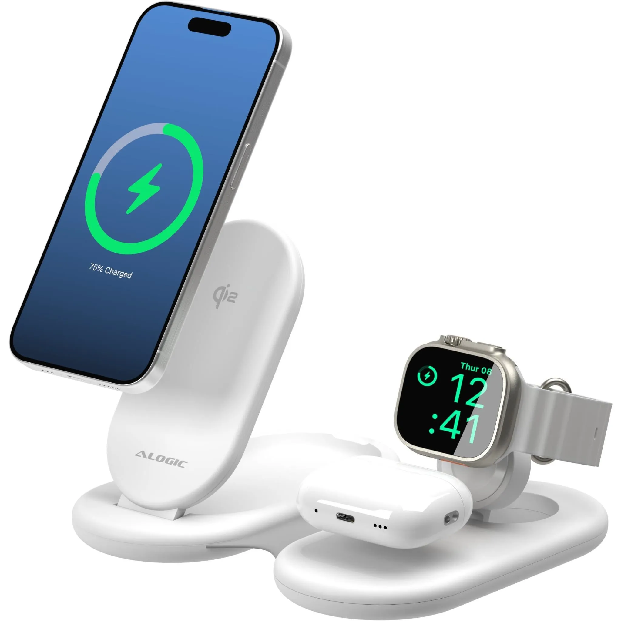 Alogic PackAway 3-in-1 Qi2 Wireless Charging Stand (White)