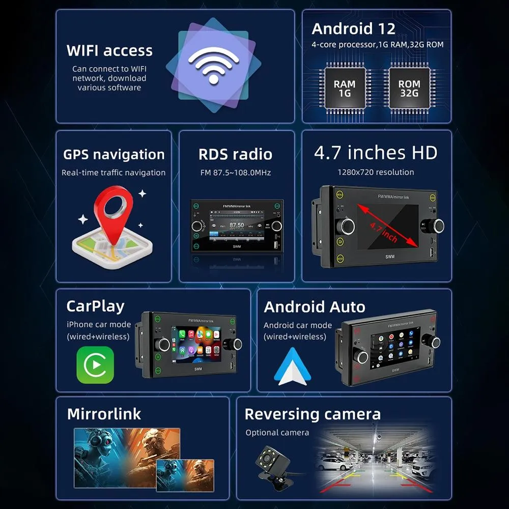Android 12 Car Gps Navigation Player 1Gb   32Gb Carplay / Android Auto / Mirrorlink / Wifi
