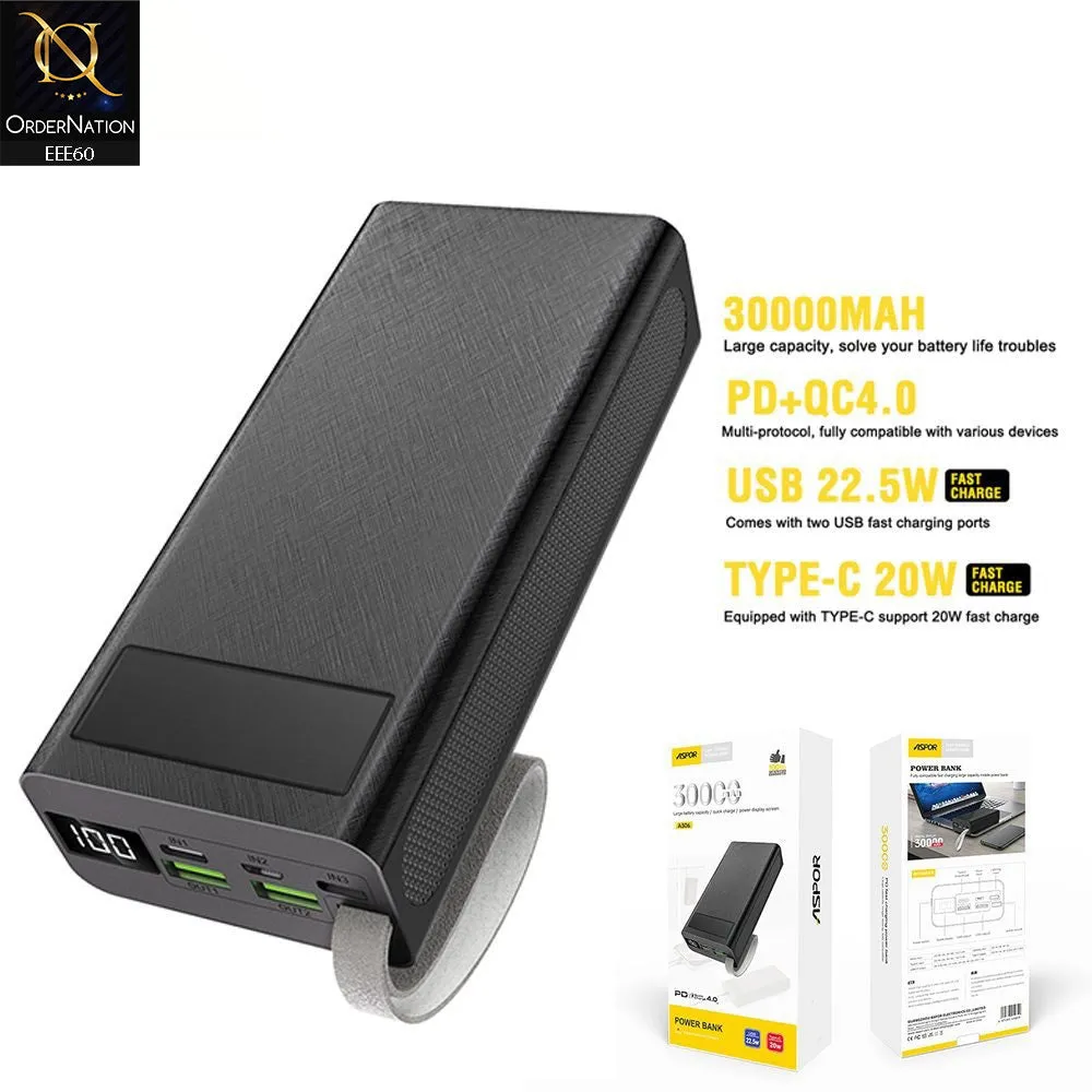 ASPOR A306 30000mAh Power Bank LCD Display 22.5W and 20W PD - Black