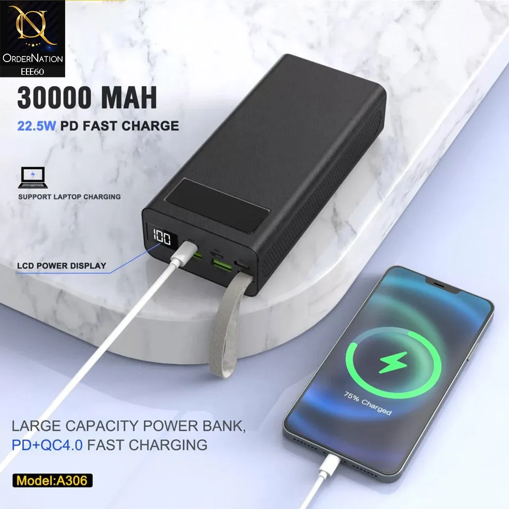 ASPOR A306 30000mAh Power Bank LCD Display 22.5W and 20W PD - Black