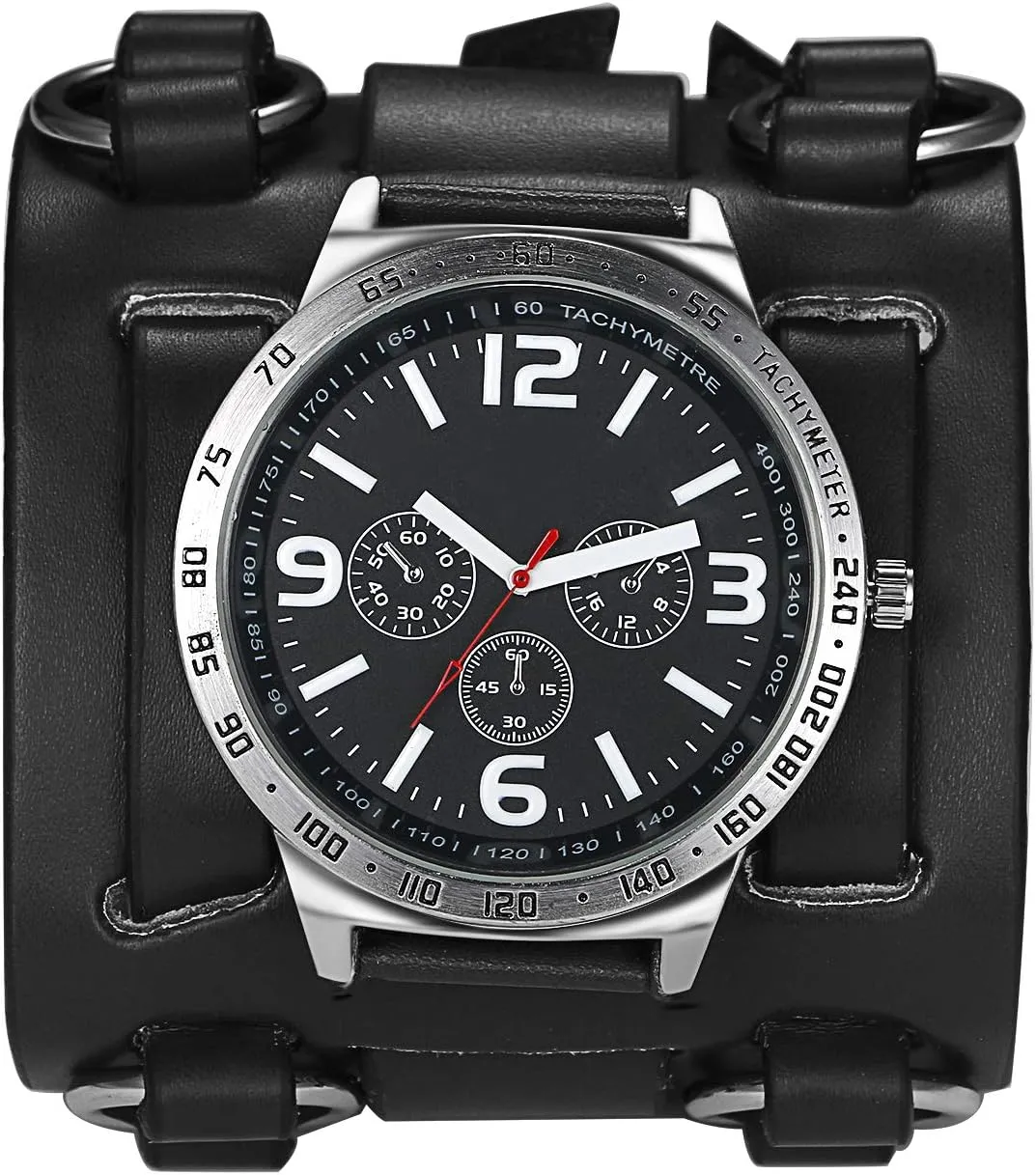 Avaner Mens Retro Steampunk Rock Black Wide Leather Bracelet Cuff Watches Big Face Round Dial Analog Quartz Sport Watch [Upgraded] Japanese Quartz Movement Watch