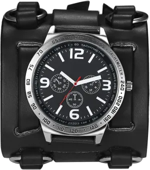 Avaner Mens Retro Steampunk Rock Black Wide Leather Bracelet Cuff Watches Big Face Round Dial Analog Quartz Sport Watch [Upgraded] Japanese Quartz Movement Watch