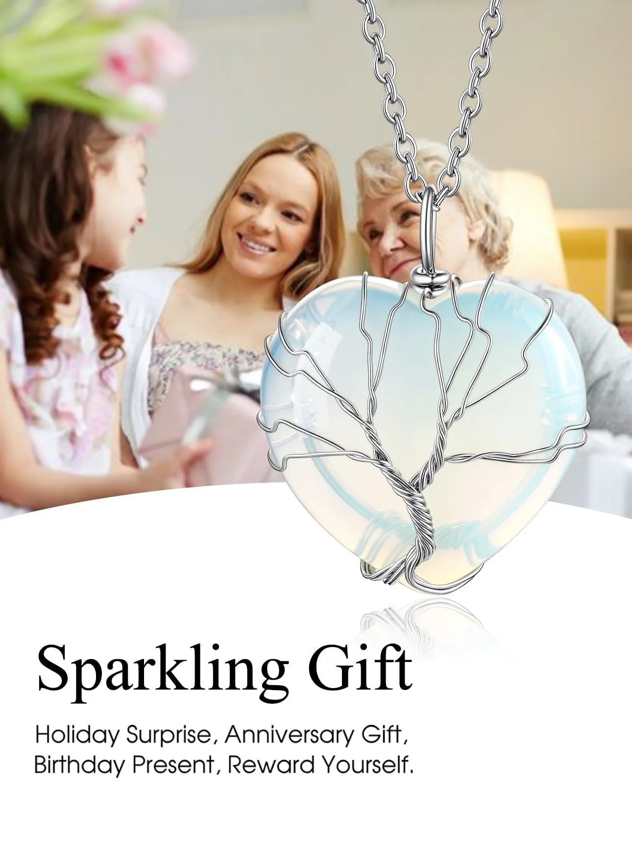Bestyle Tree of Life Heart Crystal Necklaces for Women Girls, Moonstone Necklace June Birthstone Pendant Jewelry Gift
