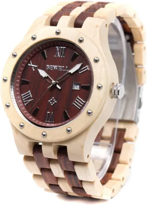 BEWELL Men's Wooden Watches Handmade Date Display Analog Quartz Luminous Wristwatch