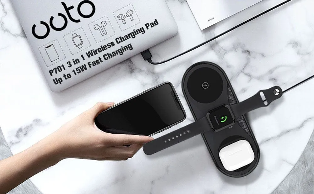 Black - Recci RCW-18 - RECCI Wireless Charger 3 in 1 Qi-Certified Fast Wireless Charging Pad  iWatch (No QC 3.0 Adapter)
