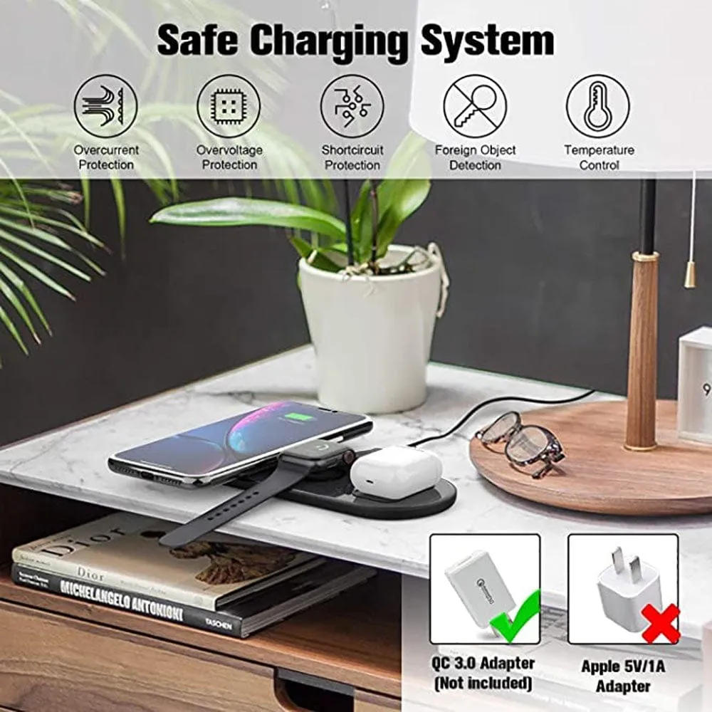 Black - Recci RCW-18 - RECCI Wireless Charger 3 in 1 Qi-Certified Fast Wireless Charging Pad  iWatch (No QC 3.0 Adapter)