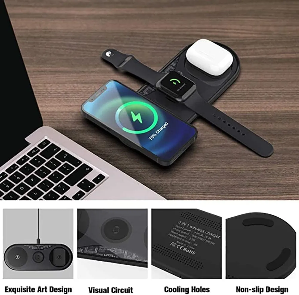 Black - Recci RCW-18 - RECCI Wireless Charger 3 in 1 Qi-Certified Fast Wireless Charging Pad  iWatch (No QC 3.0 Adapter)