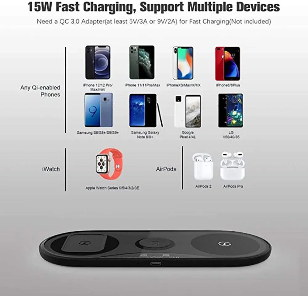 Black - Recci RCW-18 - RECCI Wireless Charger 3 in 1 Qi-Certified Fast Wireless Charging Pad  iWatch (No QC 3.0 Adapter)