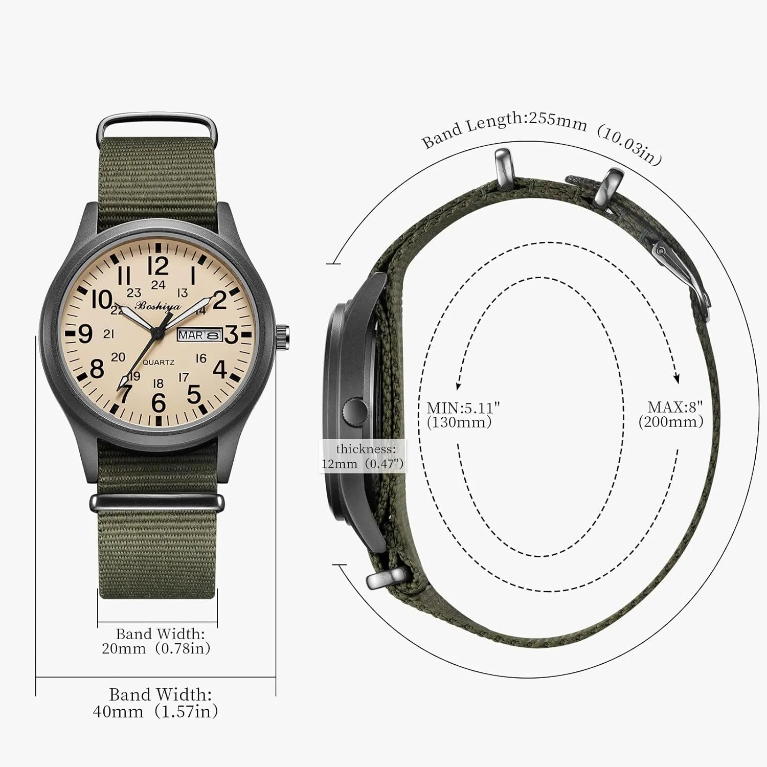 BOSHIYA Men's Military Tactical Field Watches Outdoor Sports/Work Watch Waterproof Analogue Quartz Watches Minimalist Lightweight Nylon Watch - Imported Japanese Movement/40mm Waterproof/Date Display
